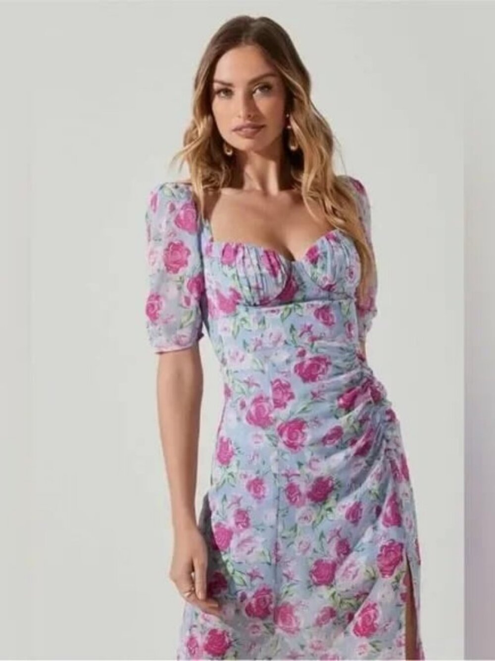 New ASTR The Label Bustier Floral Chiffon Midi Dress Blue Multi M - Picture 4 of 10